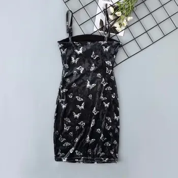 Sexy retro vintage zamatové šaty butterfly tesný klub mini šaty čierne šaty popruh