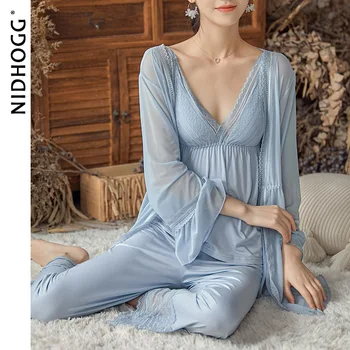 Nové Oka Modálne 3-Dielna Nightdress tvaru Čipky Bell Rukáv dámske Pyžamo Pevné Modálne Sexy Odev Roztomilý Nočná Košeľa Župan Sady