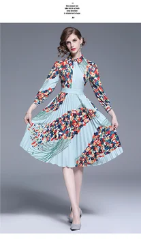 Dráhy Dizajnér dámskej módy bežné zase dole golier podkolienok šaty na jar a v lete skladaný tlačiť bežné žena šaty