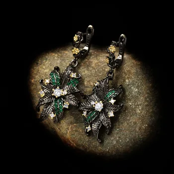 Vintage Český Black Gold Diamond Kvet, Zelené Náušnice Zirkón Tvorivé 925 Striebro Náušnice dámske Šperky Kvetinový Náušnice
