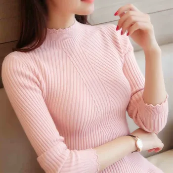 2021 Jar Jeseň Ženy Dámy Dlhý Rukáv čipky Pletené Turtleneck vytiahnuť Sveter Košele Top Femme kórejský Vytiahnuť elastická Bežné