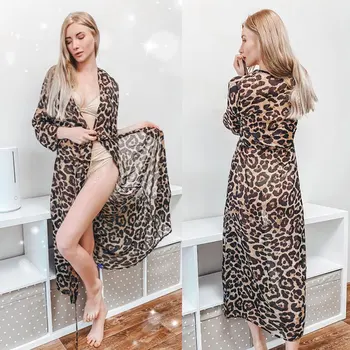 2021 Sexy Leopard Vytlačené Pol Dlhý Rukáv Kimono Cardigan Šifón Tunika Plus Veľkosť Pláž Nosiť dámske topy a blúzky Q1016