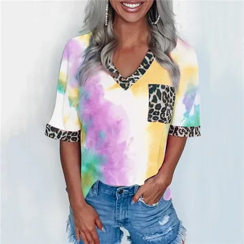Tie-Dye Leopard T Shirt Ženy Letné Top Krátky Rukáv Voľné Tee Tričko Femme Elegantné Dámy Strany Klubu tričko Streetwear