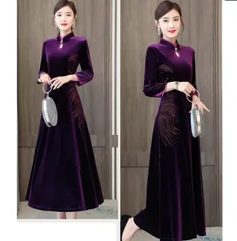 2021 Jeseň Fashion Ženy Lepšiu Cheongsam Maxi Šaty Stredného Veku Matky dámske Šaty Purple Župan Femme Plus Veľkosti 4xl Víno
