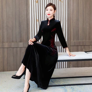 2021 Jeseň Fashion Ženy Lepšiu Cheongsam Maxi Šaty Stredného Veku Matky dámske Šaty Purple Župan Femme Plus Veľkosti 4xl Víno