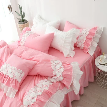 Bavlnená posteľná bielizeň Set s Čipkou Ružovej Farby Posteľ Kryt Sady pre Dievčatá Jednej Kráľovnej King Size Posteľ Sukne Cumlík Kryt Posteľ Sady
