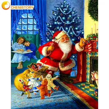 CHENISTORY 40x50cm Zarámované Vianočné Santa Claus A Deti Olej Maľovanie Podľa Čísel Súpravy HandPainted Akrylová Farba Kreslenie Na Canva