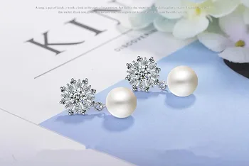 Nový príchod 925 sterling silver módne lesklé cz zirkón snowflake pearl dámy'stud náušnice šperky Anti alergie