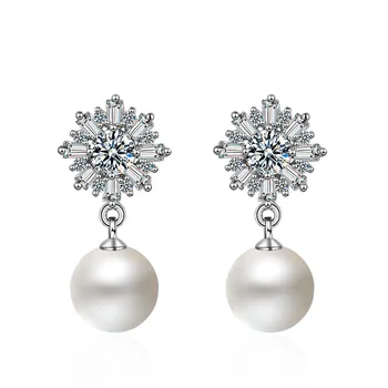 Nový príchod 925 sterling silver módne lesklé cz zirkón snowflake pearl dámy'stud náušnice šperky Anti alergie