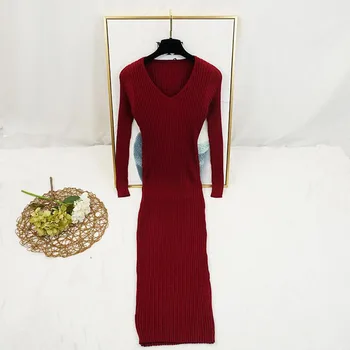 2020 Elegantný Štíhly Midi Ceruzka Sveter Šaty Jeseň Zima tvaru Bodycon Pletené Šaty s Dlhým Rukávom Ženy Šaty Vestidos