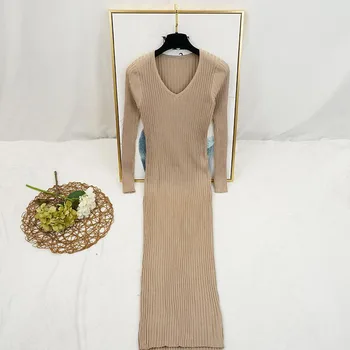 2020 Elegantný Štíhly Midi Ceruzka Sveter Šaty Jeseň Zima tvaru Bodycon Pletené Šaty s Dlhým Rukávom Ženy Šaty Vestidos