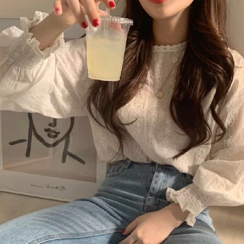 2020 Elegantné ženy blúzky svietidla rukávy o krk čipky biely kvetinový tlač vintage bežné sladký kórejský štýl femme topy modis