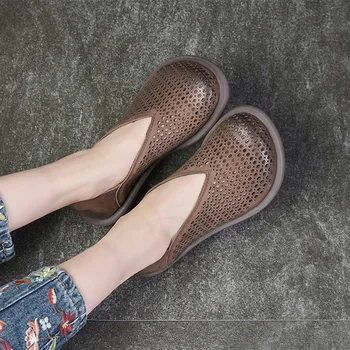 Vallu 2020 nové hrubé-podpätky kolo-vedúci čisto kožené perforované plytké jamky žena sandále