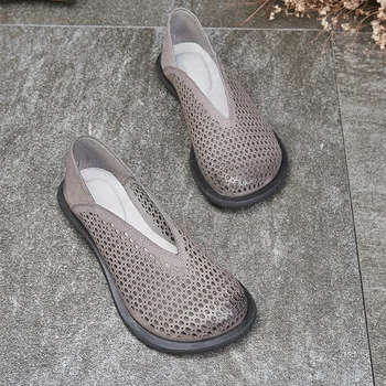 Vallu 2020 nové hrubé-podpätky kolo-vedúci čisto kožené perforované plytké jamky žena sandále