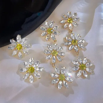 Kórejský Elegantné Yellow Crystal Kvet Petal Strapec Drop Náušnice pre Ženy, Dievča Študentov Fashion Party Pendientes Šperky