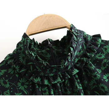Vintage Elegantný Zelený Kvetinový Tlačené Šaty Žien Módne O-Krku Šaty Späť Na Zips Elegantné Dámy Dlhý Rukáv Mini Šaty