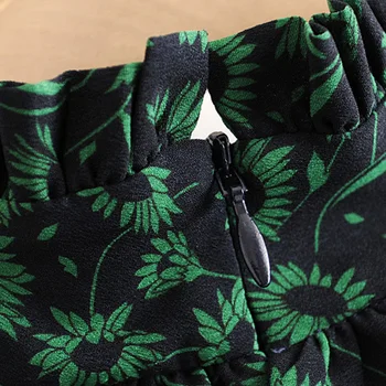 Vintage Elegantný Zelený Kvetinový Tlačené Šaty Žien Módne O-Krku Šaty Späť Na Zips Elegantné Dámy Dlhý Rukáv Mini Šaty