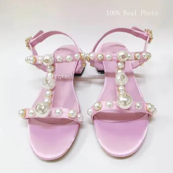 2020 Elegantný Dizajn Ružové Sandále Ženy, Otvorené Prst Pearl Drahokamu T-popruh Vysokom Podpätku Topánky Žena Módne Svadobné Topánky