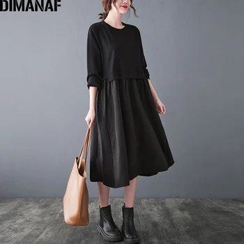 DIMANAF Jar 2021 Móda Plus Veľkosť Ženy Šaty s Dlhým Rukávom Skladaný Elegantná Dáma Vestidos Čierne Šaty Voľné Ženské Oblečenie