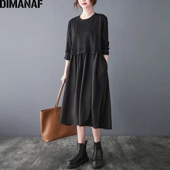 DIMANAF Jar 2021 Móda Plus Veľkosť Ženy Šaty s Dlhým Rukávom Skladaný Elegantná Dáma Vestidos Čierne Šaty Voľné Ženské Oblečenie