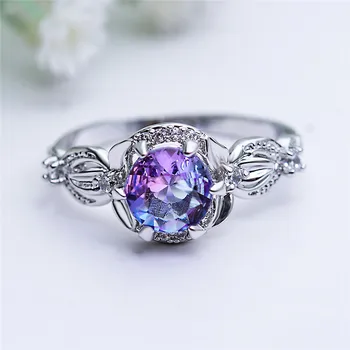 Klasické Šesť Kolík Kolo Modrá Fialová Crystal Zirkón Prstene Pre Ženy Starožitné Strieborné Farebné Šperky Žena Luxusné Rainbow Kamenný Kruh