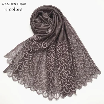 NOVÉ čipky hidžáb šatku páva pierko vzor výšivky, kvetinové mäkké ženy šatky 10pcs a expresná doprava poplatok