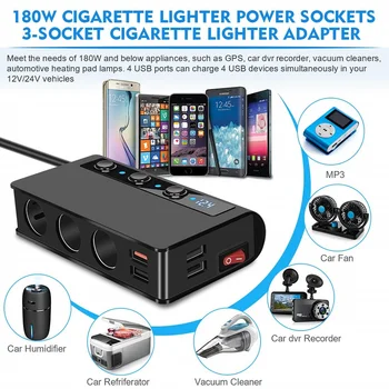 Hz 180w Cigaretový Zapaľovač Splitter 4 USB 3 Cigaru Ľahšie slotu, LED digitálny displej Nabíjačka do Auta s Voltmeter pre 12-24V vozidiel