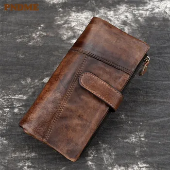 PNDME módne vintage originálne kožené pánske peňaženky bežné jednoduché ručné vysoko kvalitnej hovädzej kože dlho hasp kreditné karty kabelku