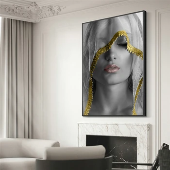 Moderné Zlaté make-up Ženy Plátno na Maľovanie Škandinávskych Plagáty a Tlačí na Steny Umenie Obrázok pre Obývacia Izba Domova Cuadros