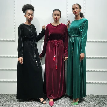 Siskakia Módne Strapec Pás Obyčajný Pevné Velvet dlhé Šaty Jeseň Zima 2020 Afriky Moslimských Arabskom Abaya Šaty, Celý Rukáv