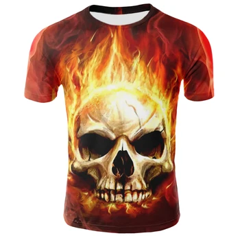 3D Lebky T-shirt Chlapec Dievča Motocykel Kostra Gotický Retro Rock Smrti Oheň Punk T-shirt Top