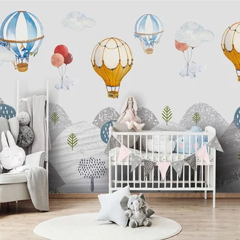 Vlastné Foto Tapety Na Steny 3D Ručne Maľované Deti Izba teplovzdušný Balón Vrchol Hory Dievča Spálňa Cartoon nástenná maľba na Stenu Dekor