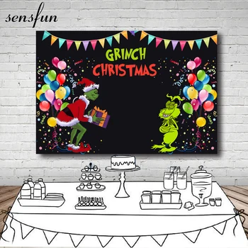 Sensfun Grinch Vianočný Večierok Fotografie Pozadie Farebné Bunting Balóny Pozadia Čierna Prispôsobené 7x5ft Vinyl
