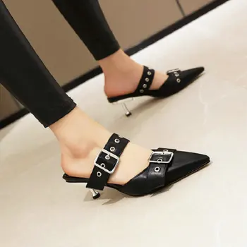 Ženy sandále čierne biele strappy podpätky sandále, papuče ženy vysoké podpätky flip flops ukázal prst listov topánky pracky žena tkaných