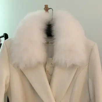 Zimné móda hrubšie teplé vlnené zmesi kabát reálne fox kožušiny golier cashmere kabát žena dvojité breasted slim vlnené vrchné oblečenie F925