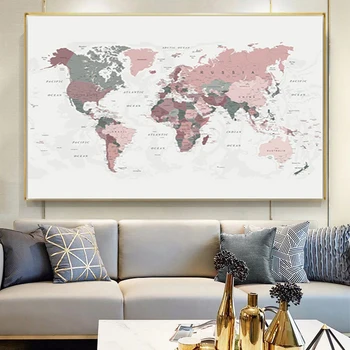 Moderné Mape Sveta Plátno na Maľovanie Blush Pink & Hunter Zelená Mapa Sveta, Plagáty a Tlačí na Steny Umenie Obrázok pre Obývacia Izba