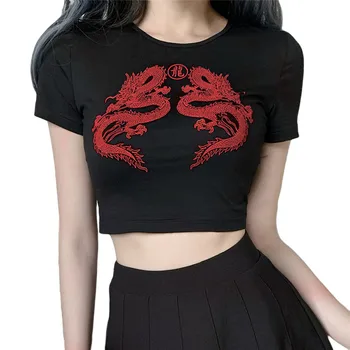 Ženy Krátky Rukáv Dragon Tlačiť T-shirt Letné Módne Dámy Štíhle Plodín Top Pulóver Basic Tee Košele