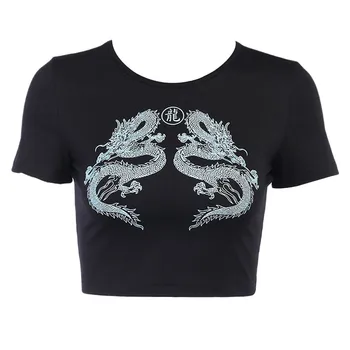 Ženy Krátky Rukáv Dragon Tlačiť T-shirt Letné Módne Dámy Štíhle Plodín Top Pulóver Basic Tee Košele