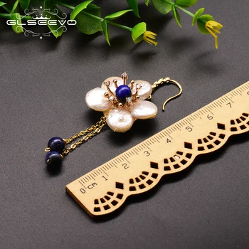 GLSEEVO Prírodné Barokový Pearl Flower Visieť Náušnice Pre Ženy, Svadobné Lapis Lazuli Drop Náušnice Luxusne Jemné Šperky GE0797