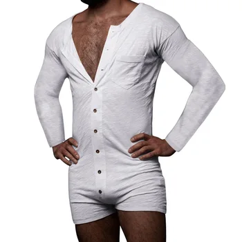 Muži Sexy Sleepwear farbou chudá jumpsuit dlhý rukáv sexy Tlačidlo Pyžamo oblečenie pre voľný čas Sleepwear Romper Odev Plus Veľkosť
