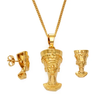 Anniyo Egyptskej Kráľovnej Nefertiti Sady Prívesok Náhrdelník Stud Náušnice Afriky Šperky Zlatá Farba Veľkoobchod Šperkov, Darčeky #240506