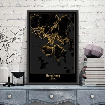 Hong Kong, Čína Black&Gold Mesto Svetlo Vlastné Mapy Sveta Mapa Mesta Plagáty Plátno, Vytlačí Nordic Štýl Wall Art Domova