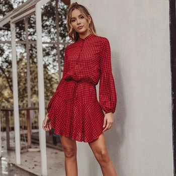 JYSS nové módne červené čierne kockované šaty dievča svietidla rukáv šaty žien volánikmi dekorácie mini šaty žena pre strany 50176