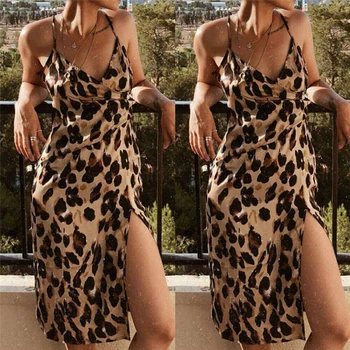 Móda Ženy Šaty Letné Sexy Leopard Tlač Bežné Šaty Bez Rukávov Večerné Party Šaty Clubwear Dámy Bodycon Šaty