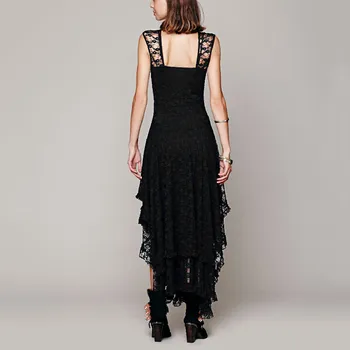 2020 Ženy, Jednofarebné Oblečenie Pre Voľný Čas Boho Elegantné Šaty Nepravidelný Čipky Sexy Dvojité Vrstvený Rozstrapatené Orezávanie Čierne Dlhé Šaty