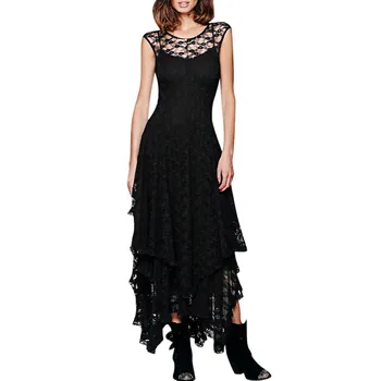 2020 Ženy, Jednofarebné Oblečenie Pre Voľný Čas Boho Elegantné Šaty Nepravidelný Čipky Sexy Dvojité Vrstvený Rozstrapatené Orezávanie Čierne Dlhé Šaty