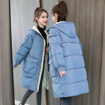 Plus Veľkosť Voľné Farby Zodpovedajúce Dole Bavlna Parkas Ženy Zimné Móda Pribrala Teplé Polovice Dĺžky Dole Kabát Bežné Kapucňou Outwear