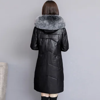 Skutočné Zimné Ženy 2020 Kožený Kabát Plus Veľkosť Polovice Dlho Fox Kožušiny Golier S Kapucňou Upscale Teplé Ženské Pravej Kože Kabát Cothes
