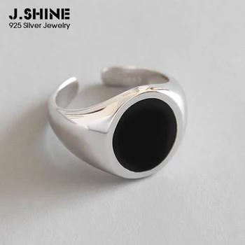 JShine Hot 925 Striebro Prstene Pre Ženy Čierny Smalt Kolo Nastaviteľné Otvorené Prst Prsteň Jednoduché Pánske Krúžok Striebro 925 Jemné Šperky
