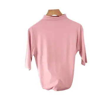 2019 Lete Krátky Rukáv Turtleneck t shirt Ženy Sladké Ružové Tričko Farbou Modálne Topy kórejský Módne Slim Tees
